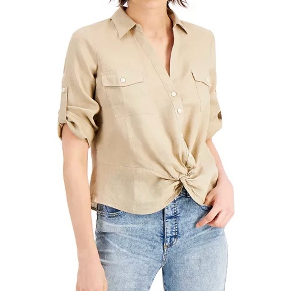 INC International Concepts Womens Blouse Size M Khaki Linen Twist Hem Button Up - Picture 1 of 7